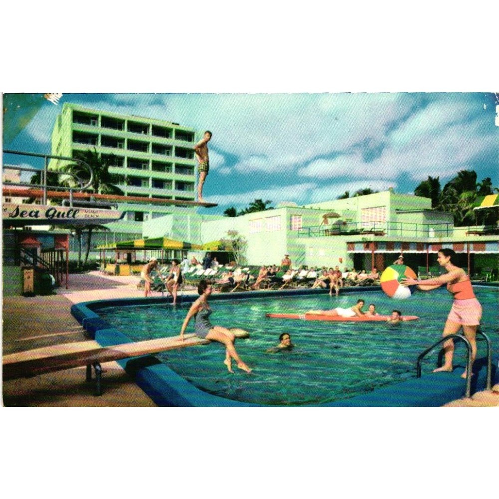 Vintage 1952 Sea Gull Hotel Miami Beach Florida Postcard Pool Cabana Linen MCM