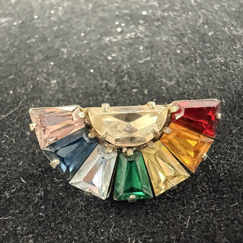 Vintage B David Rhinestone Brooch Multicolor Art Glass Fan Mid Century