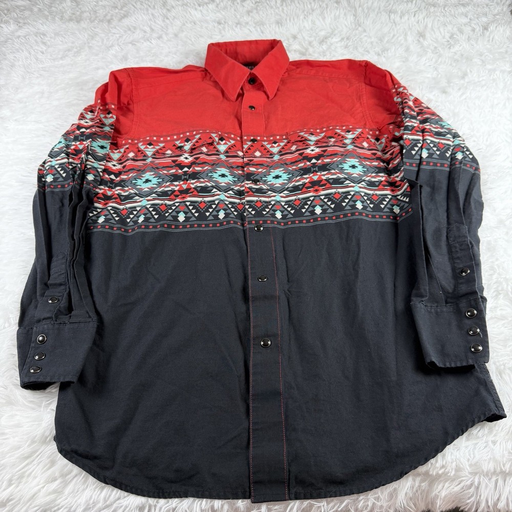 Panhandle Men Medium Western Shirt Pearl Snap Aztec Geometric Red Black Cotton M