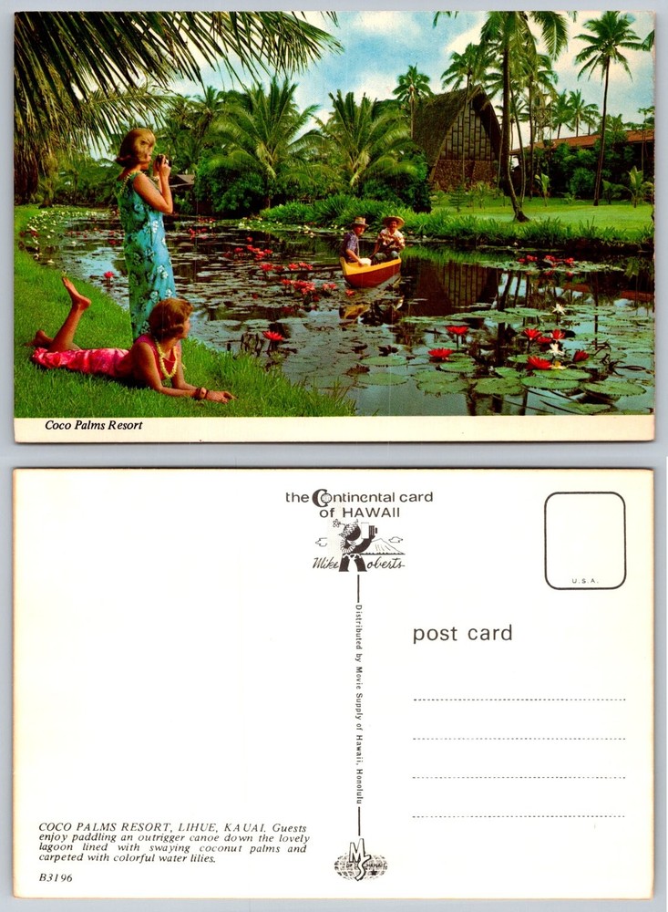 Coco Palms Resort Kauai Hawaii Vintage Postcard Outrigger Canoe Lagoon 1960s