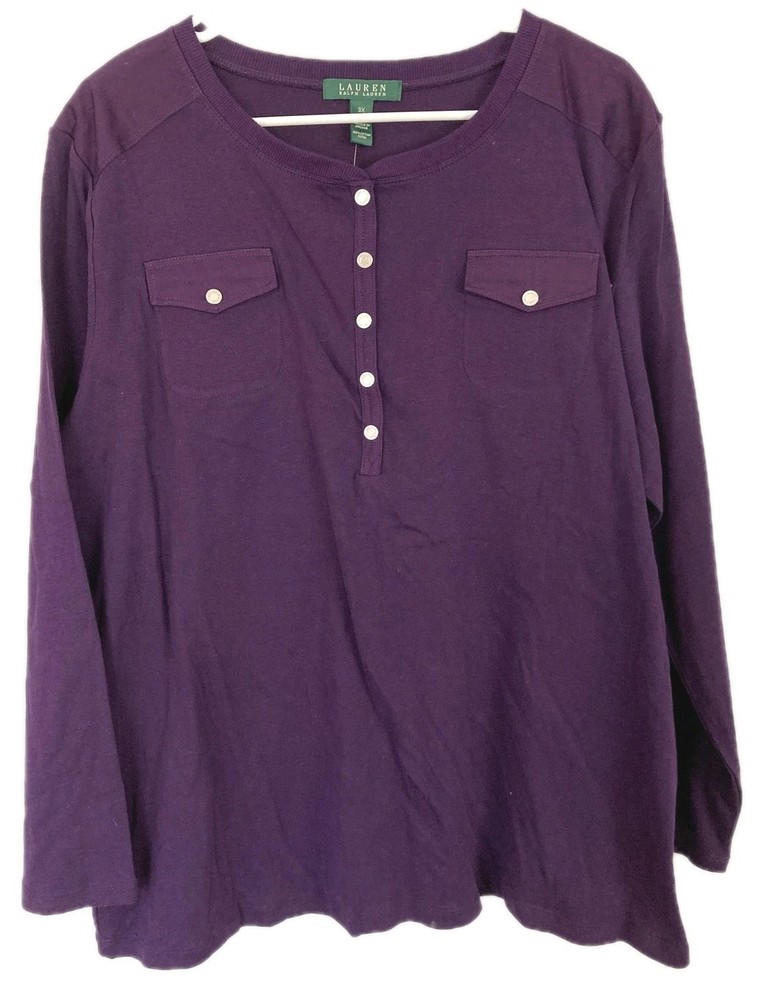 Lauren Ralph Lauren Top Women 3X Purple Pocket 1/2 Button Henley Long Sleeve NWT