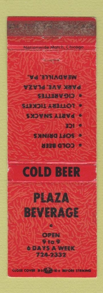 Matchbook Cover - Plaza Beverage Liquor Meadville PA WEAR