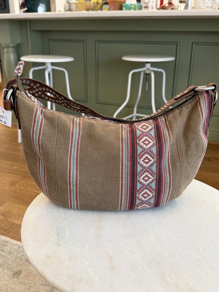 Fossil Vintage Inspired Tahoe Hobo  Canvas Shoulder Bag Studded Leather Strap