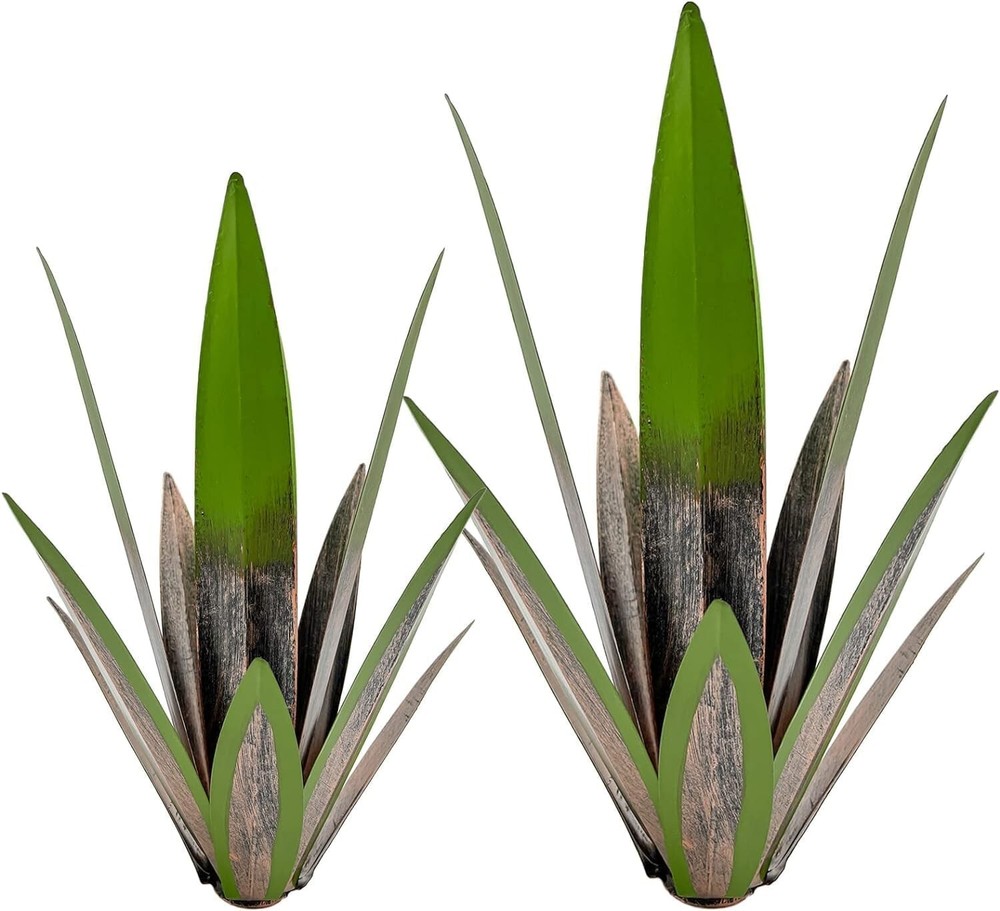 2 Pack Rustic Metal Agave Garden Sculptures Green Lawn Decor