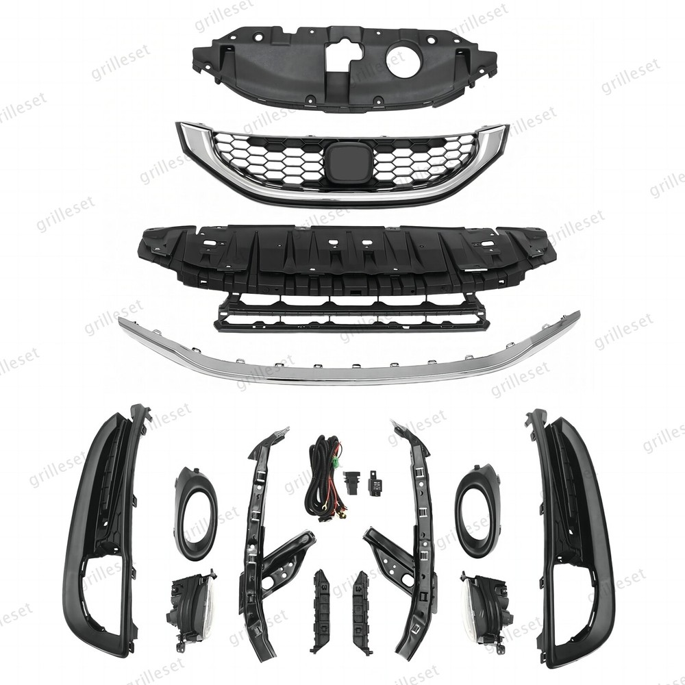 For Civic Sedan 2013-2015 14PC Chrome Bumper Grille Set with Fog Lights & Bezel