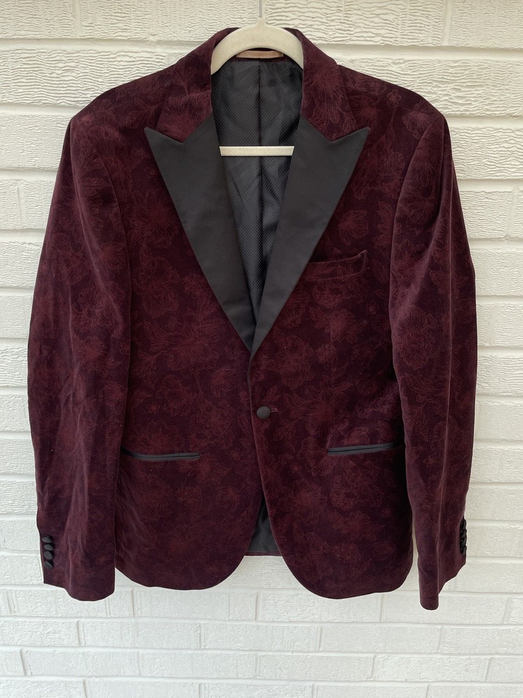 Next Mens Jacket 40R Purple Velvet Slim Tuxedo Blazer Lapels Smoking Floral