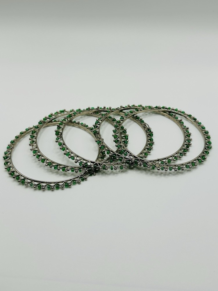 Set Of 5 Silver Tone And Green Bangle Bracelets Size 8