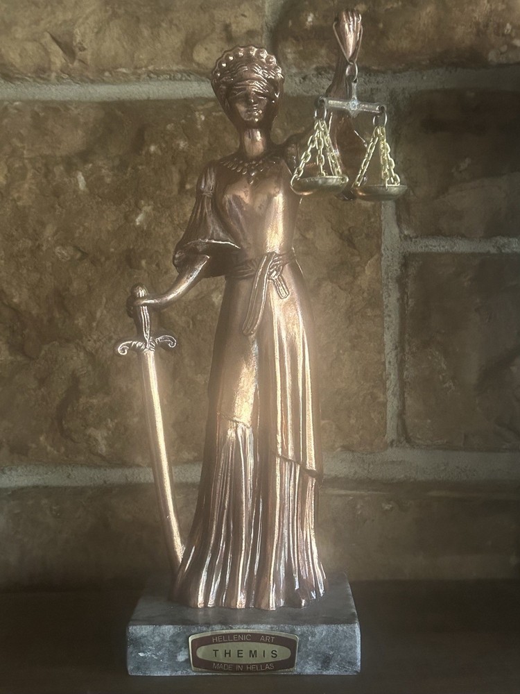 VTG Hellenic Art Themis Statue Lady Justice Bronze Copper Finish Marble Base 10”