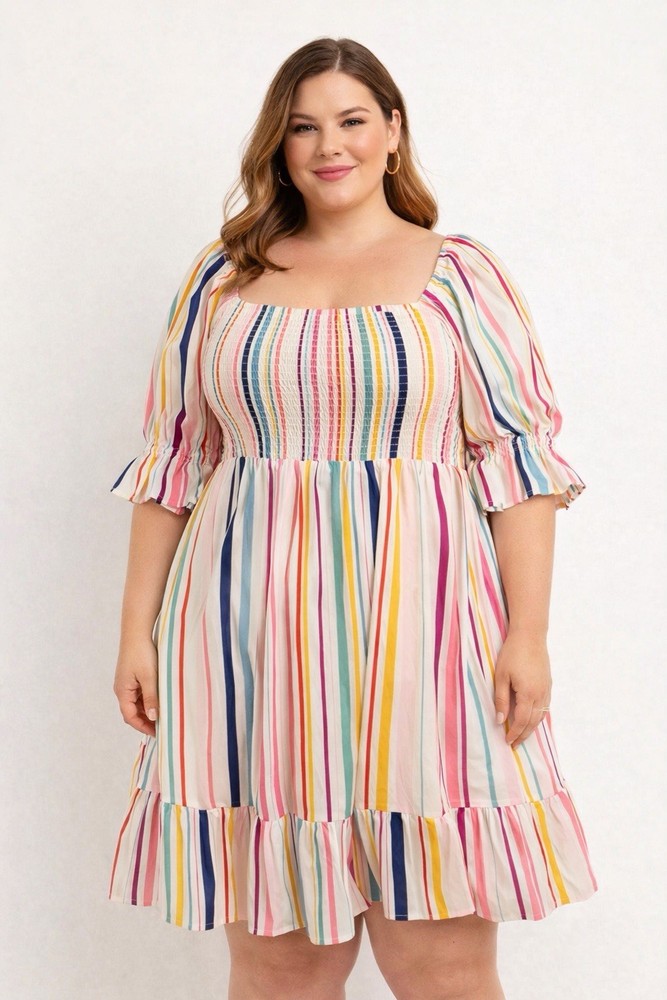 Eloquii Elements Rainbow Stripe Smocked Puff Sleeve Mini Dress Size 16 NWT