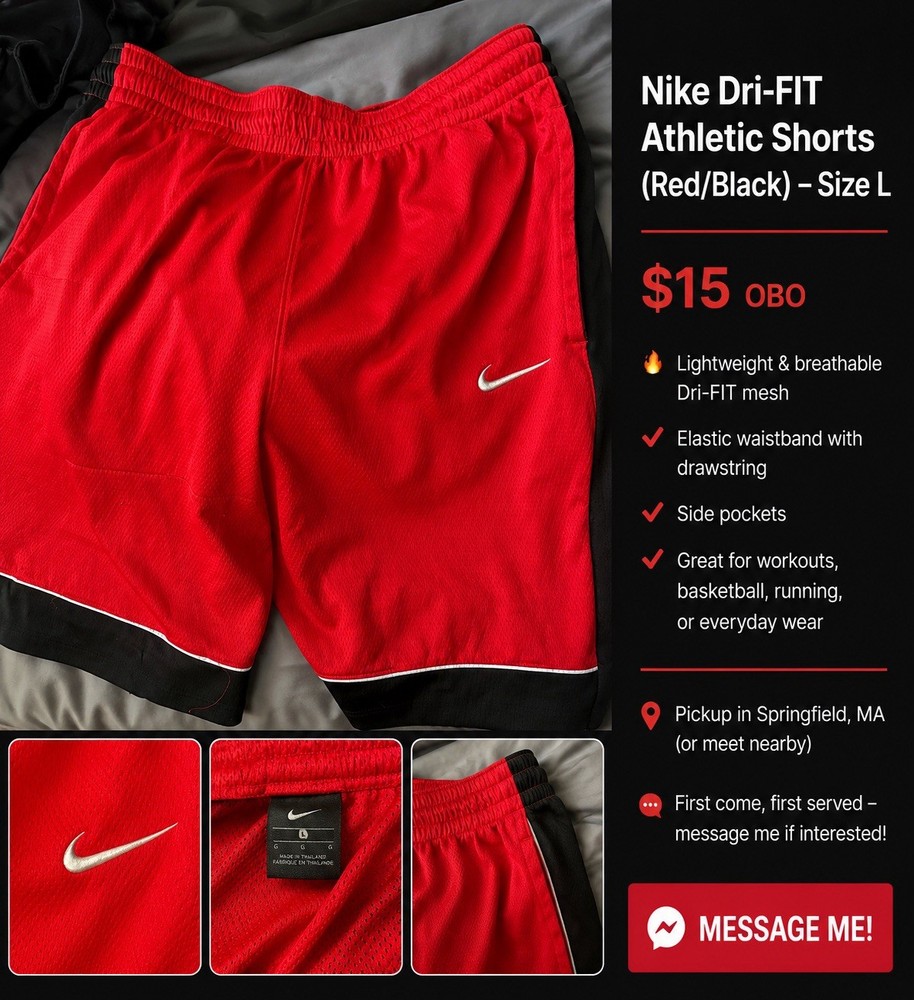 Nike Dri-FIT Men's L Athletic Shorts Red/Black Mesh Pockets Drawstring
