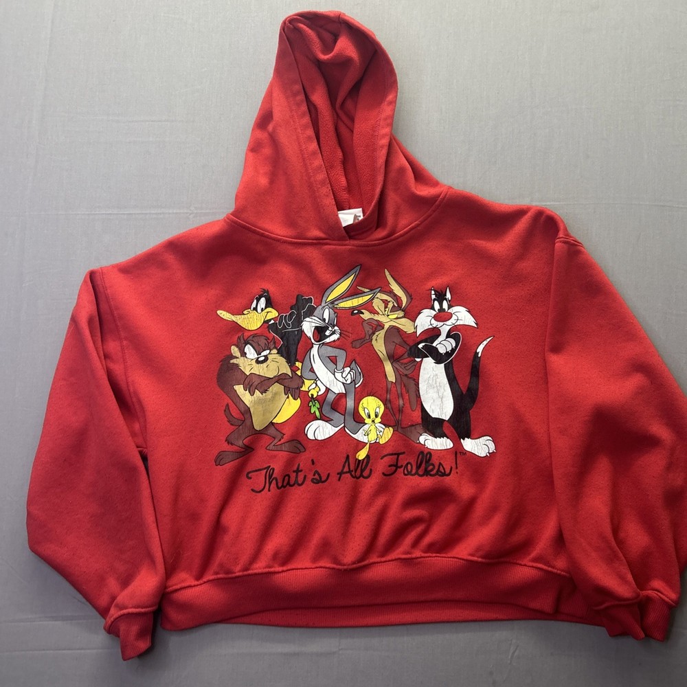Looney Tunes Cropped Hoodie Womens L That's All Folks Sweatshirt Bugs Bunny