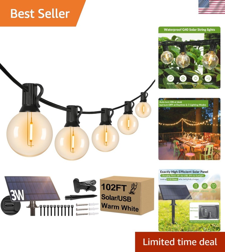 100FT Solar-Powered LED String Lights - 36 Shatterproof Bulbs for Outdoor Patio Ambiance