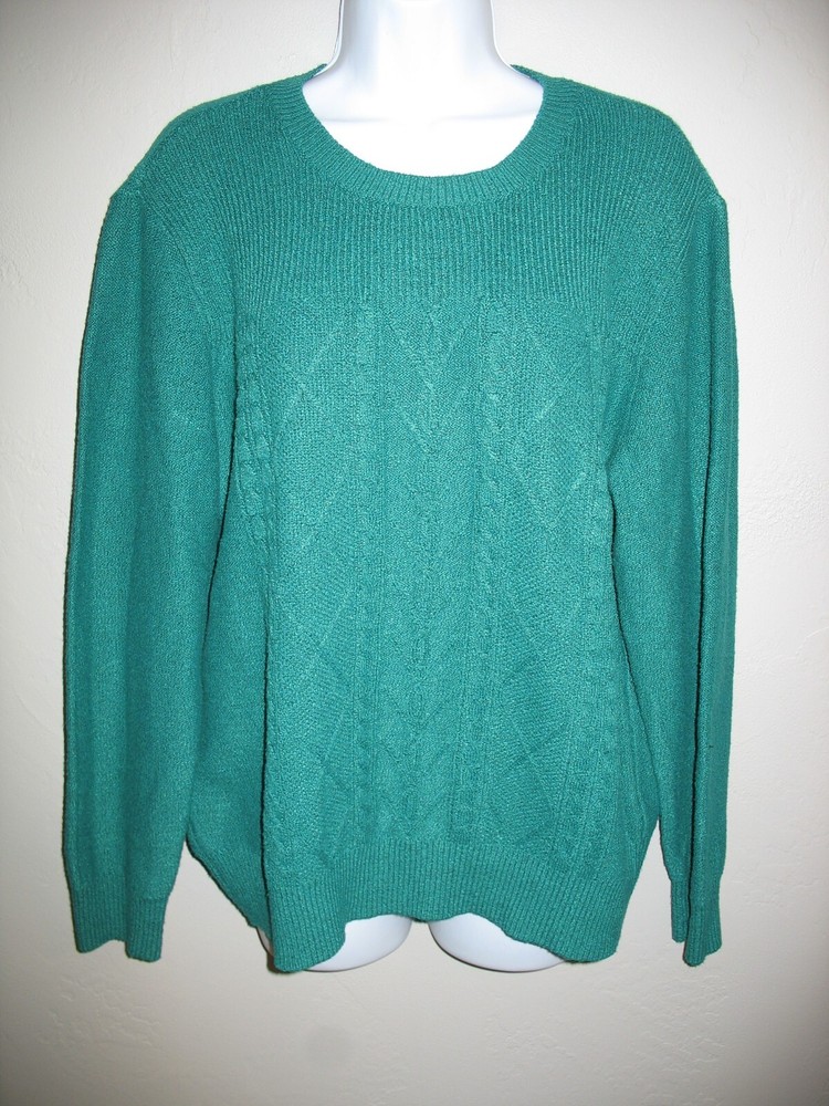St Johns Bay Pullover Sweater XL Green Long Sleeve Womens Cable Knit