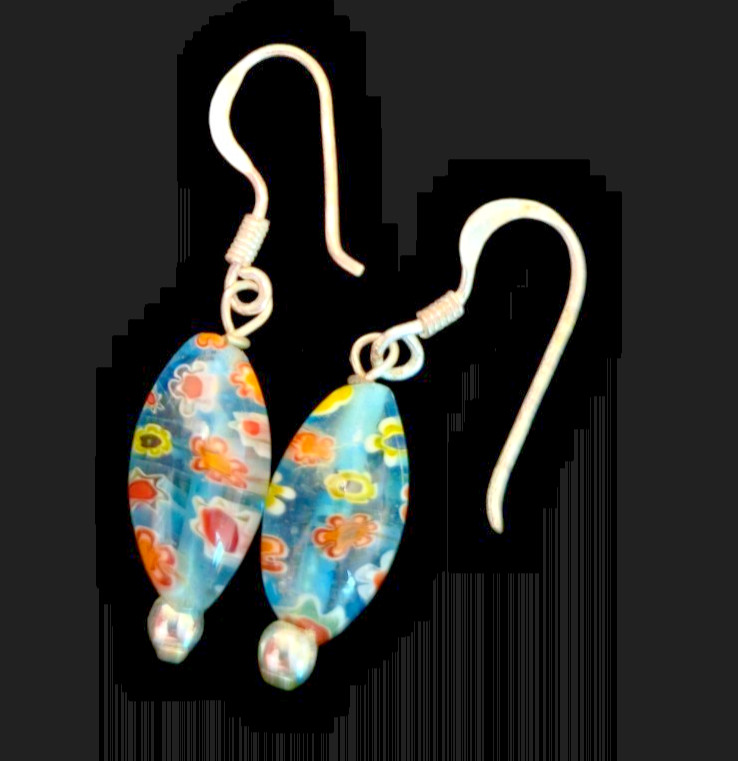 Murano Glass Millefiori Floral Drop Earrings FAS 925  Blue Red Green Yellow