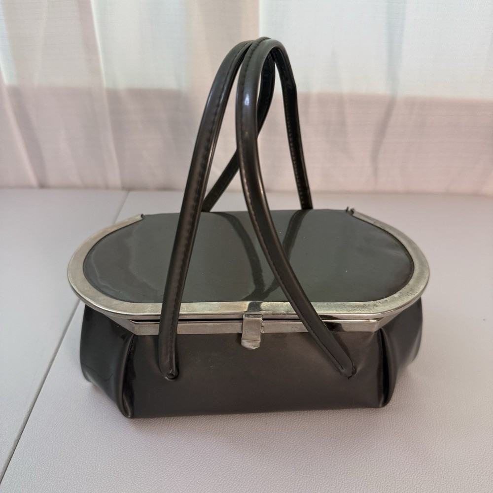 Vintage 1950s Slate Gray Vanity Handbag Mid Century Casket Box Purse Mirror