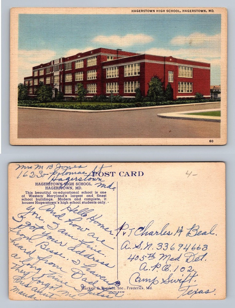 Hagerstown, MD-Maryland, High School Building Scene c1945 Old Vintage Postcard