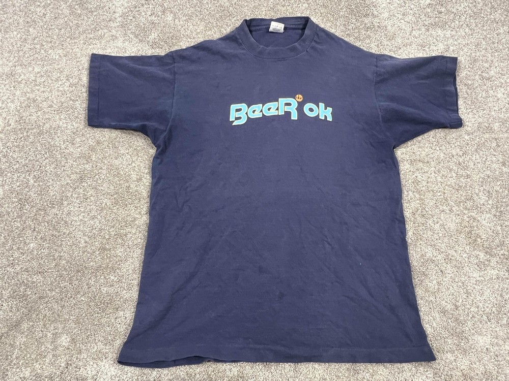 VINTAGE Blur Beer Ok Shirt Mens XL Navy Blue Band Tee Fruit Of Loom 90s