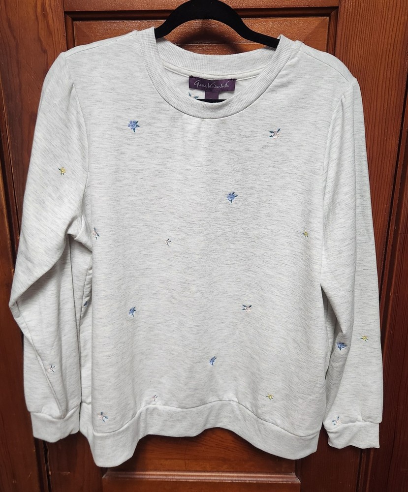 Gloria Vanderbilt Women XL Crew Neck Gray Embroidered Flower Granny  Sweatshirt