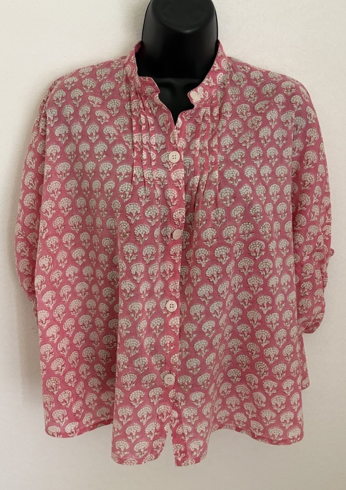 India Collection Emerson Fry Mandarin Collar Top Organic Cotton Hand Print OS