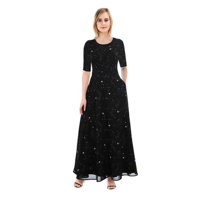 eShakti Dress Womens Large Maxi Black Celestial Stars Half Sleeves Empire Waist