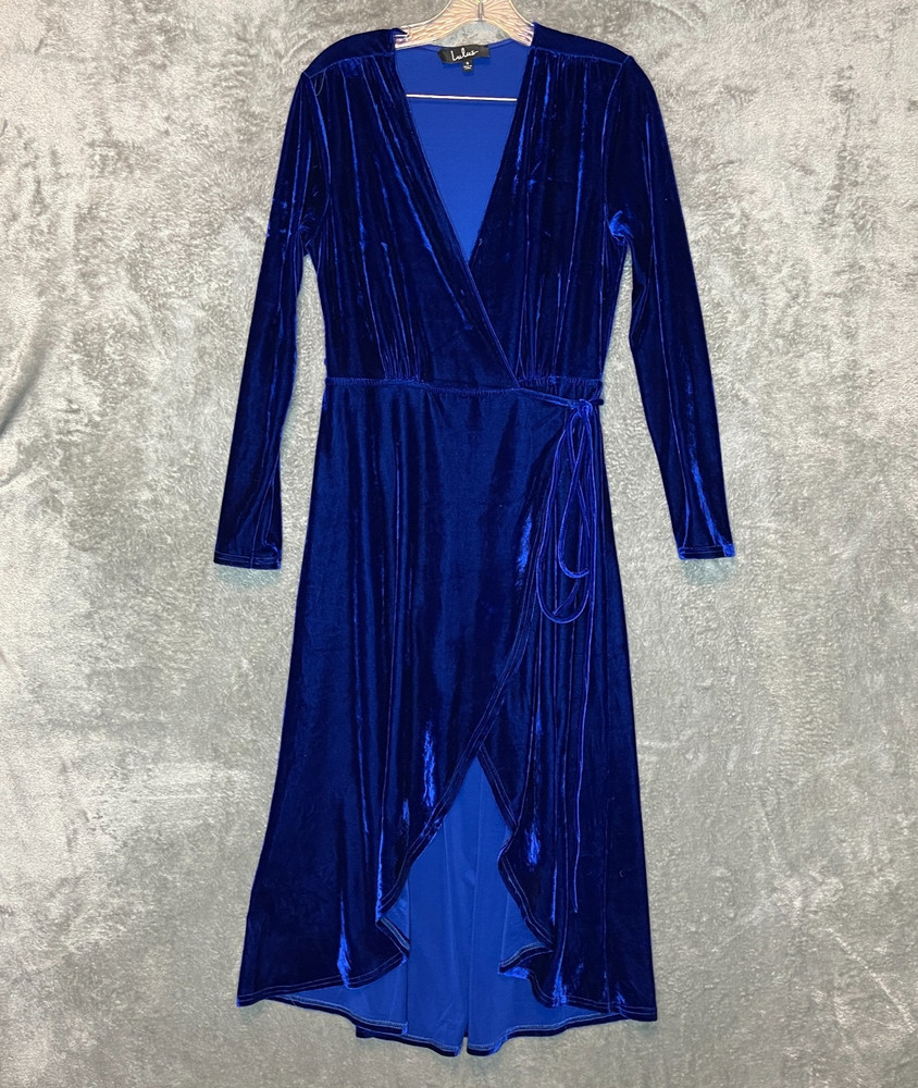 Lulus Women Whimsigoth Sexy Enchant Me Cobalt Blue Velvet Midi Wrap Dress S