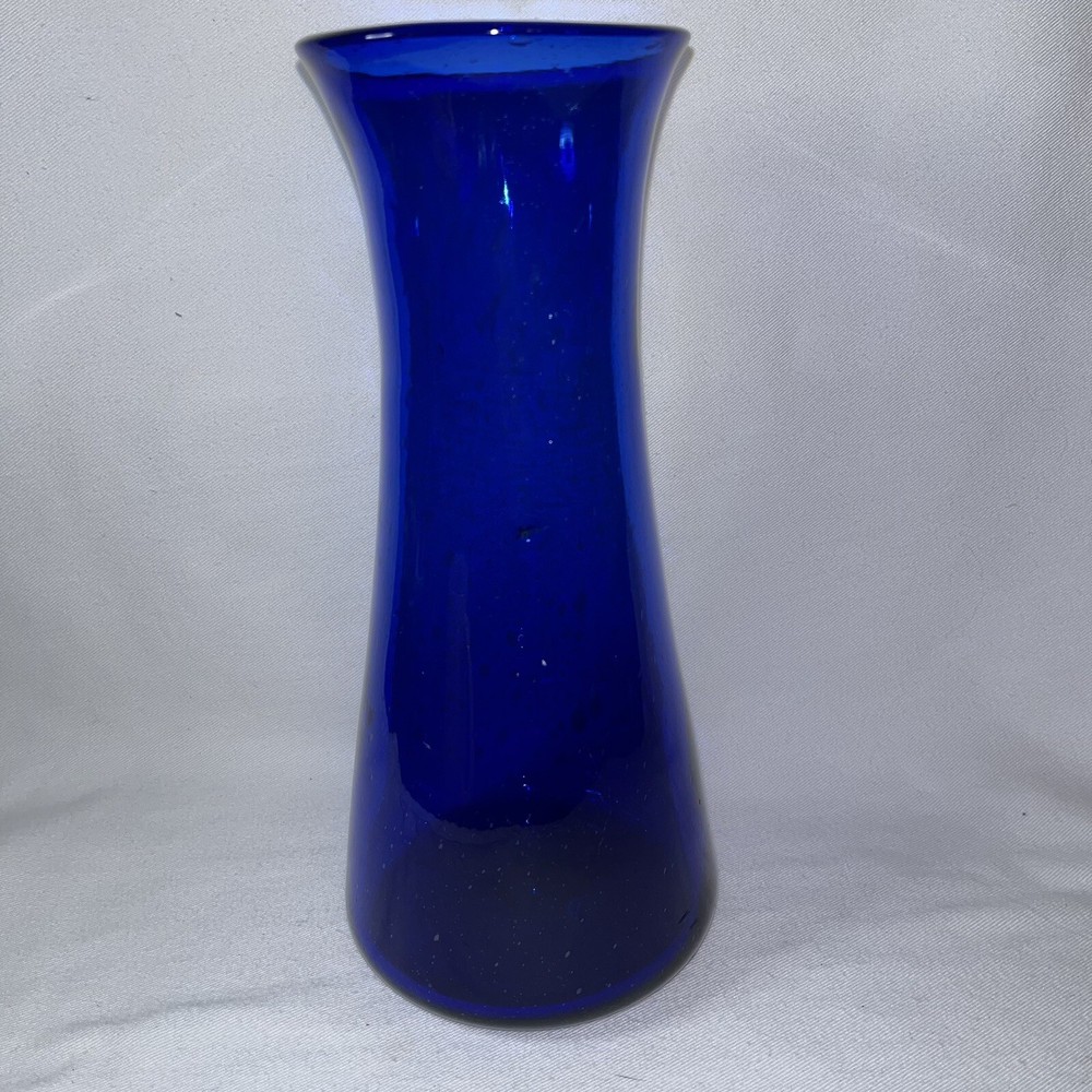 Art Glass Cobalt Blue Hand Blown 10” Vase Bubbles Flaws - See Photos
