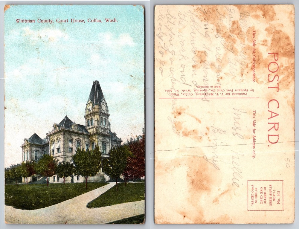 Colfax Washington Whitman County Courthouse Postcard c1910 German Print