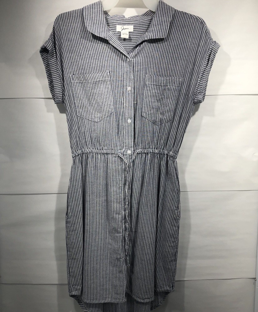 Japna Shirt Dress Striped Pockets Drawstring Cotton Knee Length Women’s M Blue