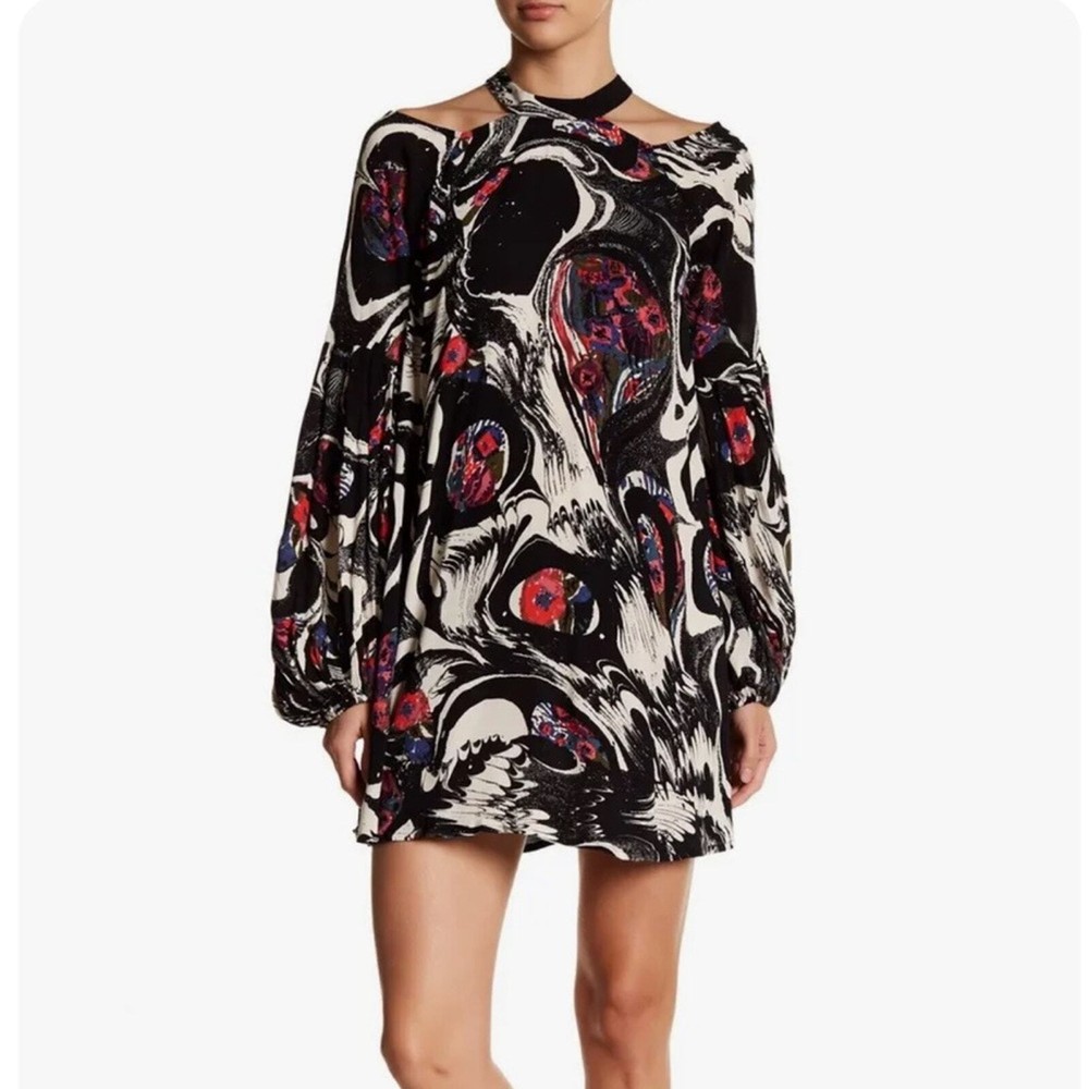 FREE PEOPLE Drift Away Cold Shoulder Marbled Tunic Top Mini Dress Black Size S
