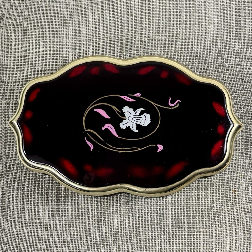 Vintage Lacquerware Jewelry Trinket Box Mirror Lid Painted Iris Black Red Gold