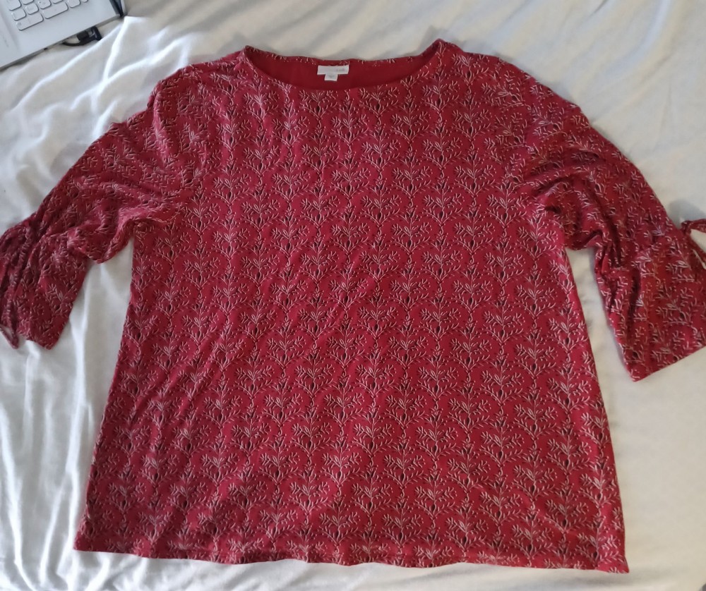 J Jill Tunic Blouse Womens XL Red Black Floral Tie Bell Sleeve Boat Neck Top