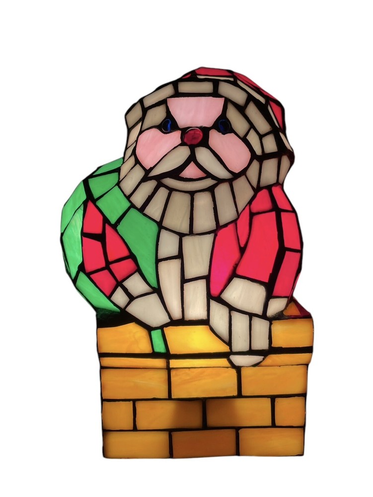 Vtg Santa Claus Chimney Tiffany Style Stained Glass Accent Lamp Christmas 10”-image