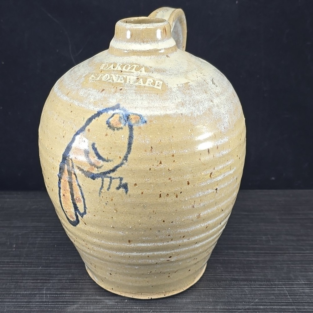 Vintage Dakota Stoneware Jug w/ Hand Painted Cobalt Bird Folk Art Pottery