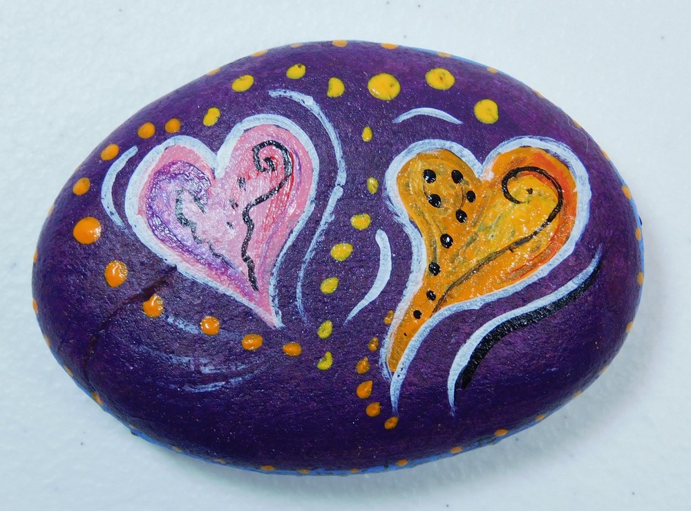 Hand painted rock Stone art with Hearts 2 sided painting for home or garden