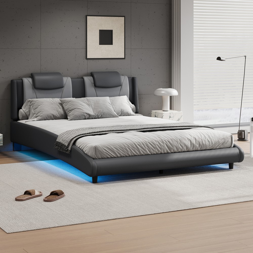Modern Style Faux Leather Upholstered Platform Bed Frame with LED Light and Adju