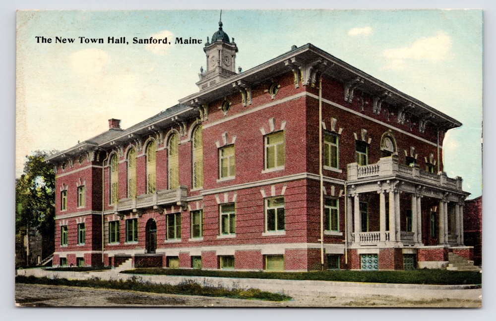 New Town Hall Building Exterior Street View Sanford Maine ME c1908 Postcard