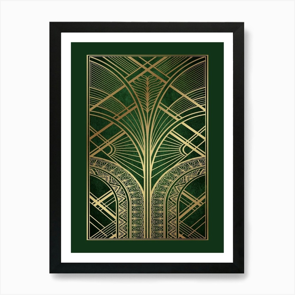 Art Deco Pattern Green and Gold 1 A Framed Wall Art Poster Canvas Print Picture