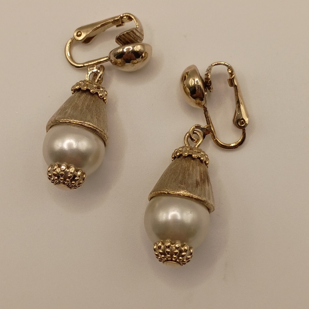Vintage Dangle Faux Pearl Clip Earrings Gold Tone Bead Cap