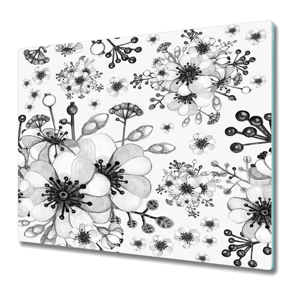Glass Chopping Board Worktop Saver Black and White Floral Flowers 60x52