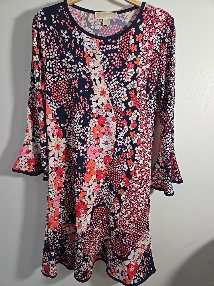 Michael Kors Liquid Knit Dress Size Small Navy Floral Bell Sleeve Stretch