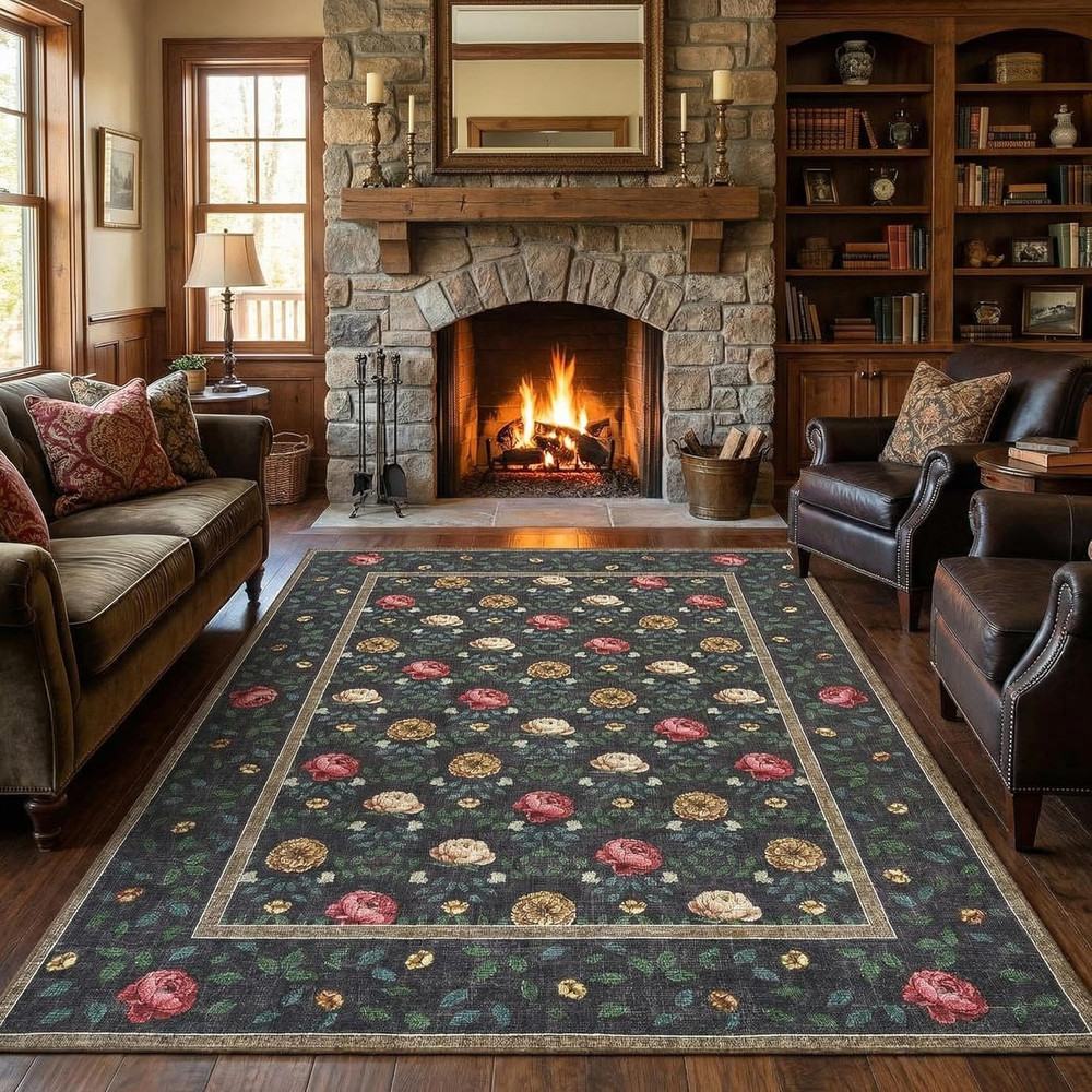 Floral Living Room Rugs, Washable 5X7 Area Rug Vintage Soft Boho Non-Slip Carpet