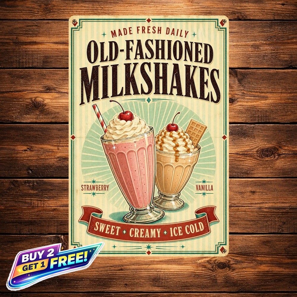 Vintage Milkshake Poster Dessert Illustration Retro Metal Tin Sign 8x12
