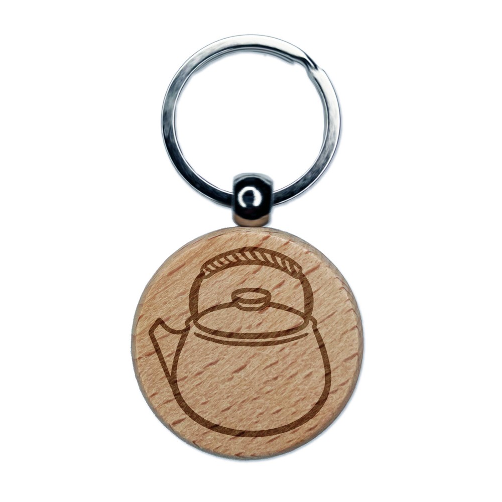 Classic Sweet Teapot Kettle Green Tea Engraved Wood Round Keychain Tag Charm