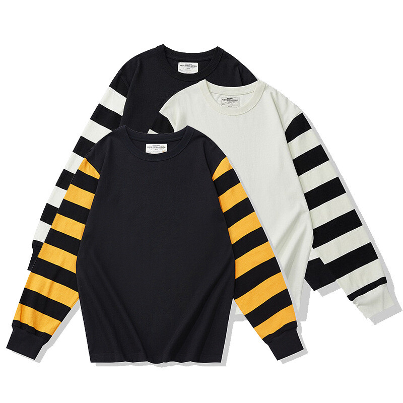 Vintage Men's Striped Long Sleeve T-Shirts Casual Crew Neck Motorcycle Shirts