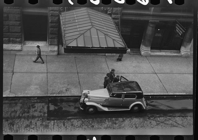 Photo:1930s Street View Vintage Car Pedestrians Sidewalk City Scene