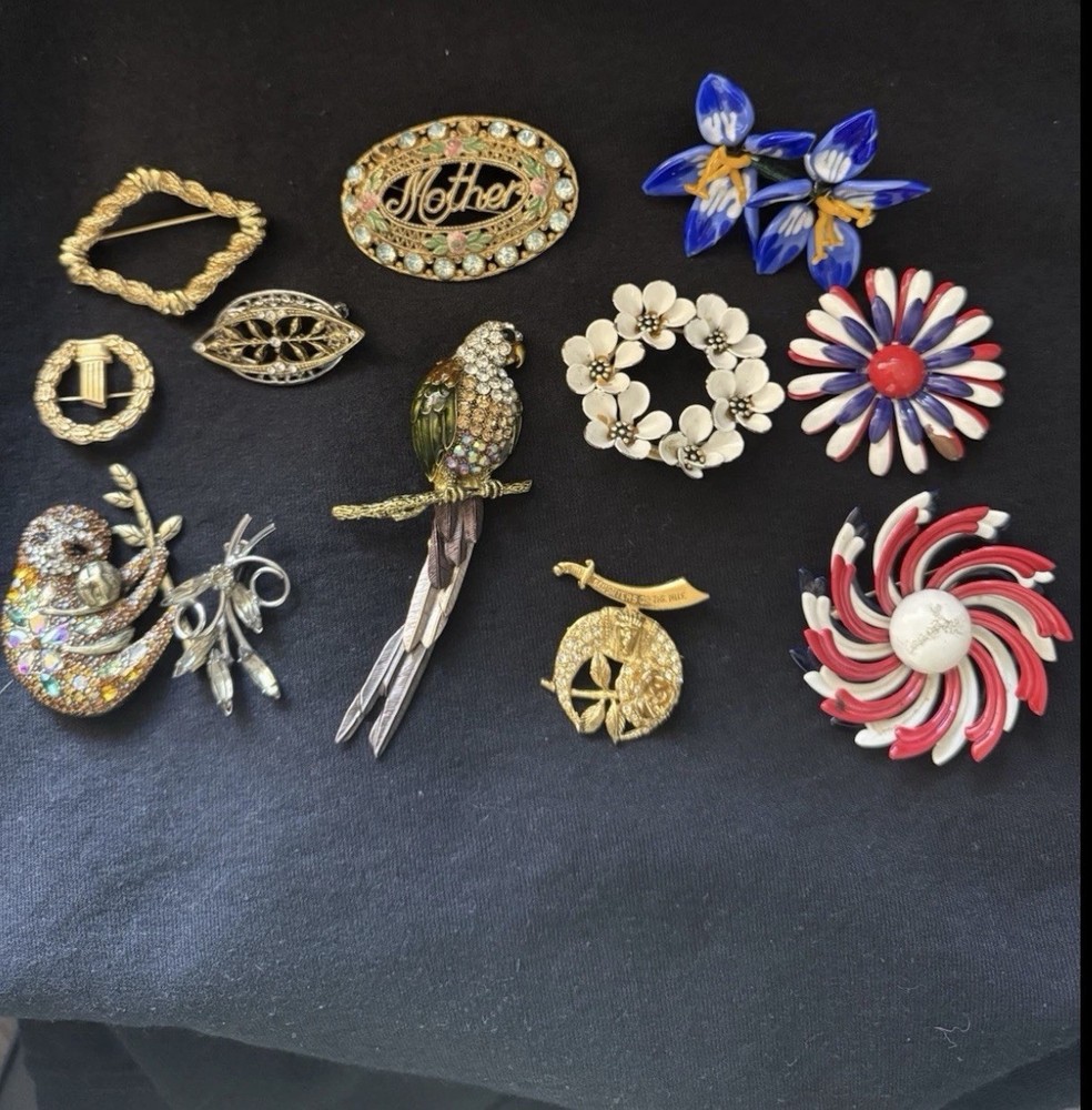 Vintage Brooch Pin Lot 11 Pc Mixed Rhinestone Enamel Floral  Jewelry No Reserve