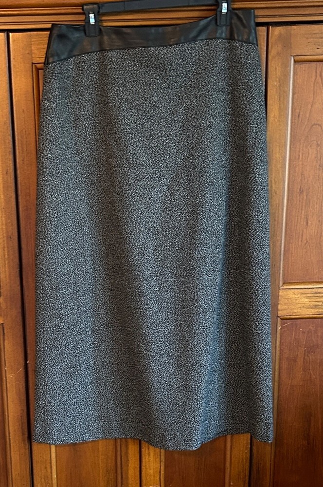 Allen Schwartz ABS Vintage Black Wool Blend Skirt with Leather Trim Size 12-image