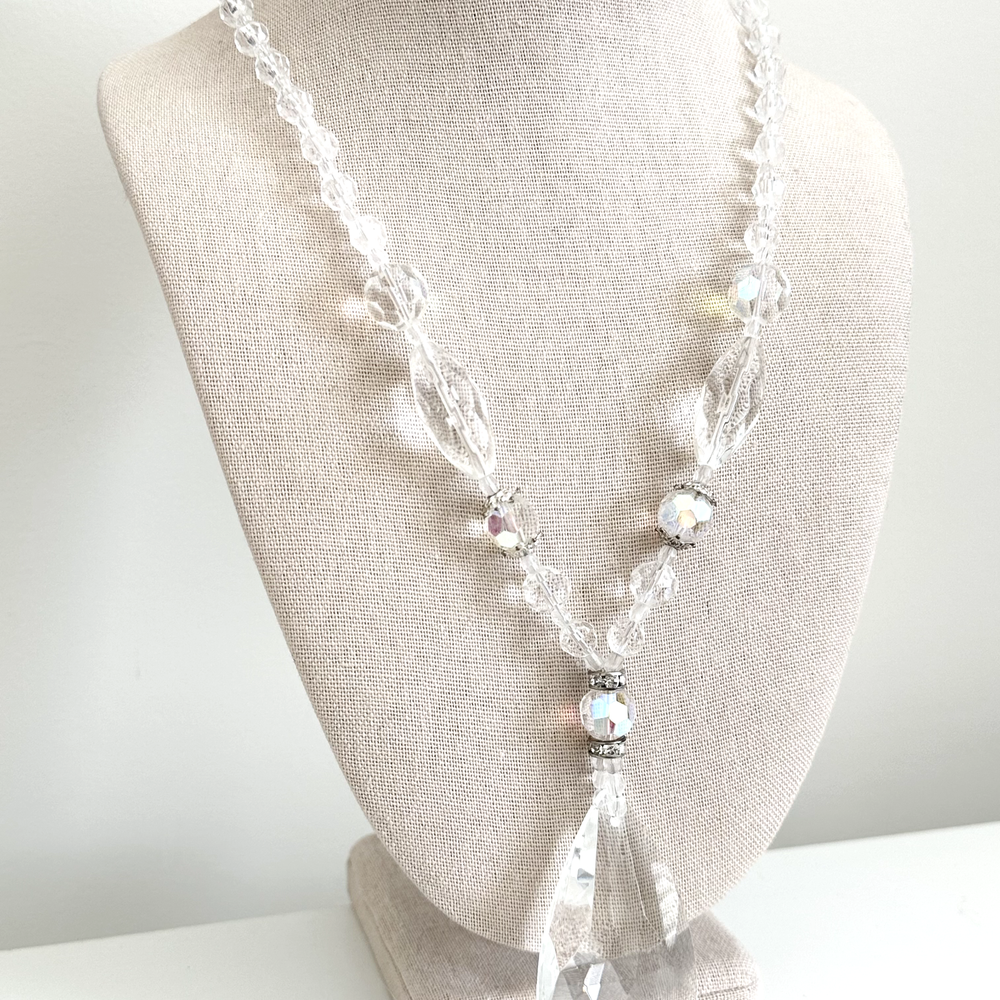 Vintage Clear Aurora Borealis AB Crystal Beaded Large Faceted Teardrop Necklace