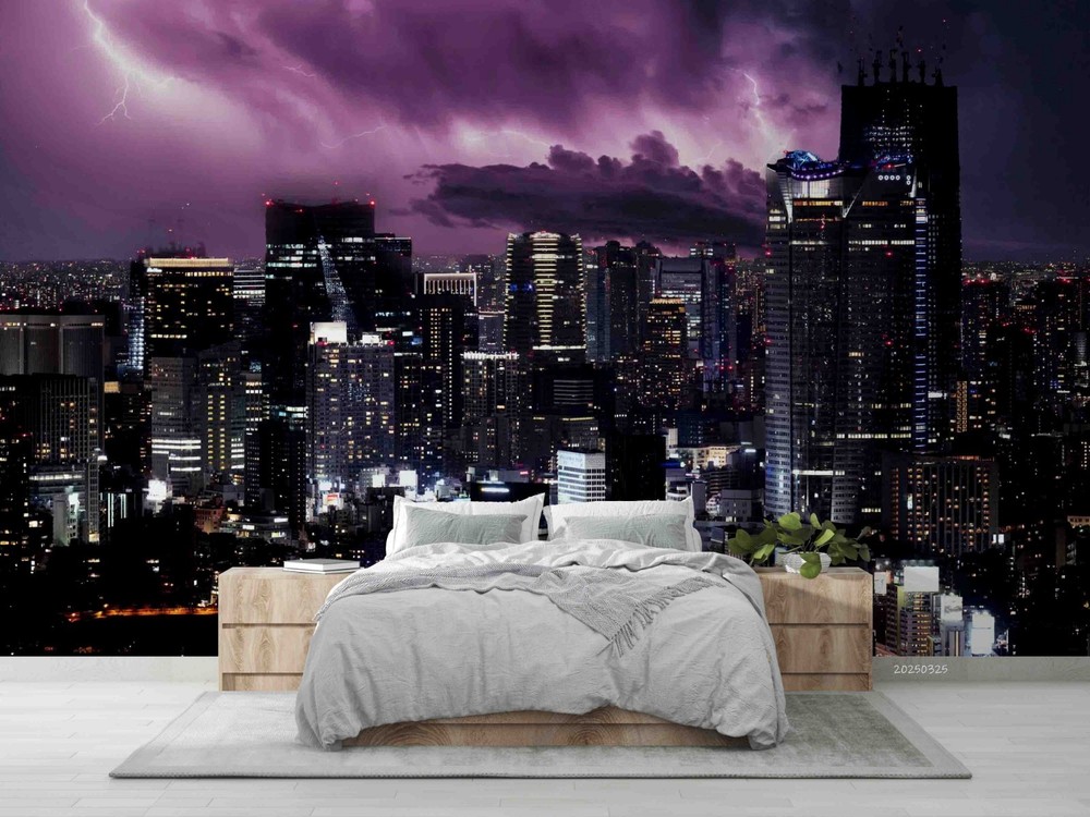 3D City Thunderstorm Night Scene Wall Murals Wallpaper Murals Wall Sticker