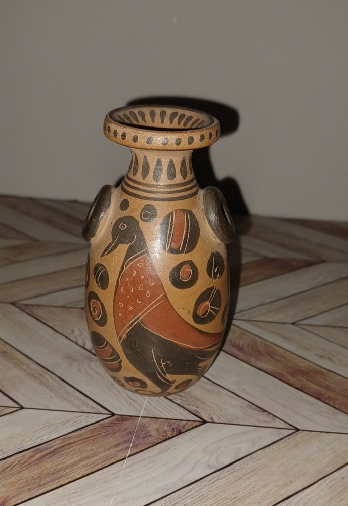 Ancient Greek Style Pottery Ceramic Bud Vase Jar Etched & Painted Bird Tiger 4X2